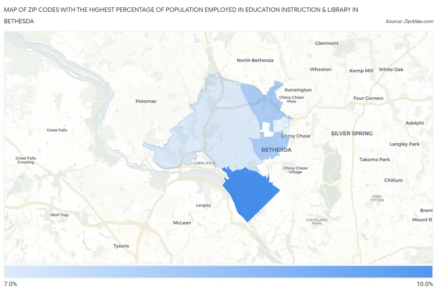 Zip Codes with the Highest Percentage of Population Employed in Education Instruction & Library in Bethesda Map