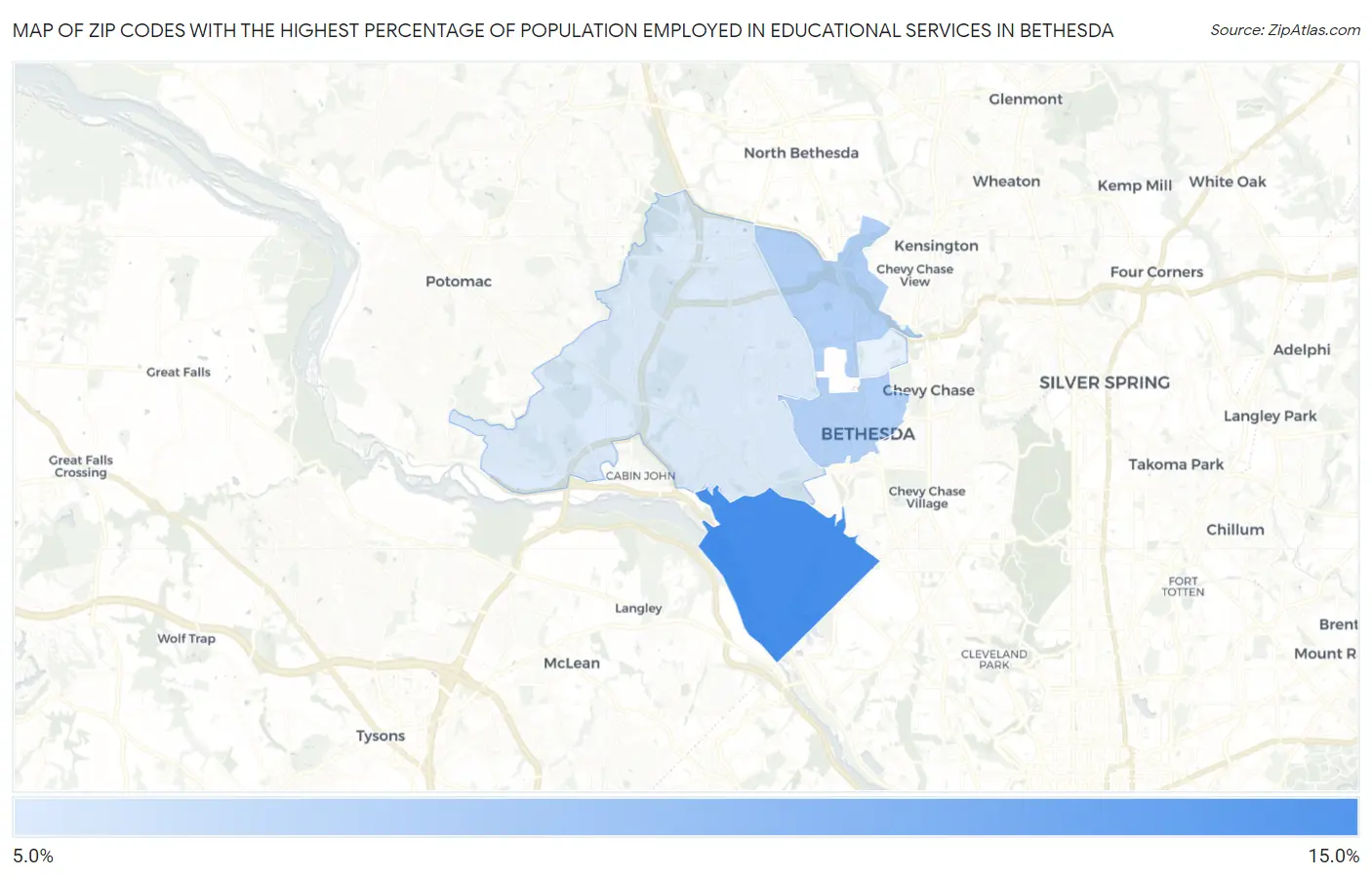 Zip Codes with the Highest Percentage of Population Employed in Educational Services in Bethesda Map