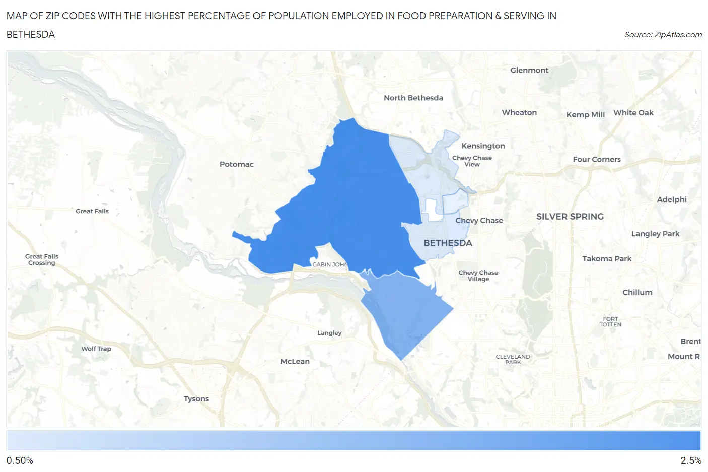 Zip Codes with the Highest Percentage of Population Employed in Food Preparation & Serving in Bethesda Map