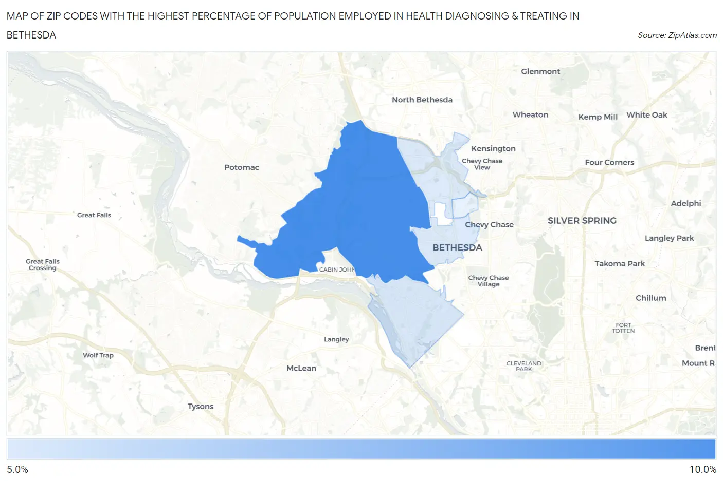 Zip Codes with the Highest Percentage of Population Employed in Health Diagnosing & Treating in Bethesda Map