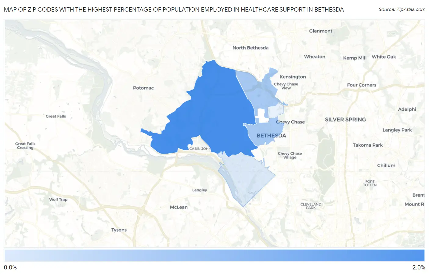 Zip Codes with the Highest Percentage of Population Employed in Healthcare Support in Bethesda Map