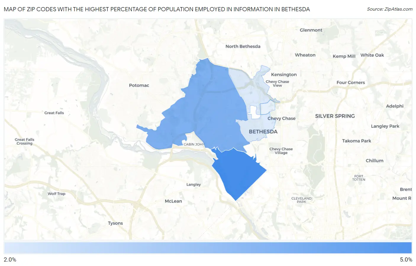 Zip Codes with the Highest Percentage of Population Employed in Information in Bethesda Map