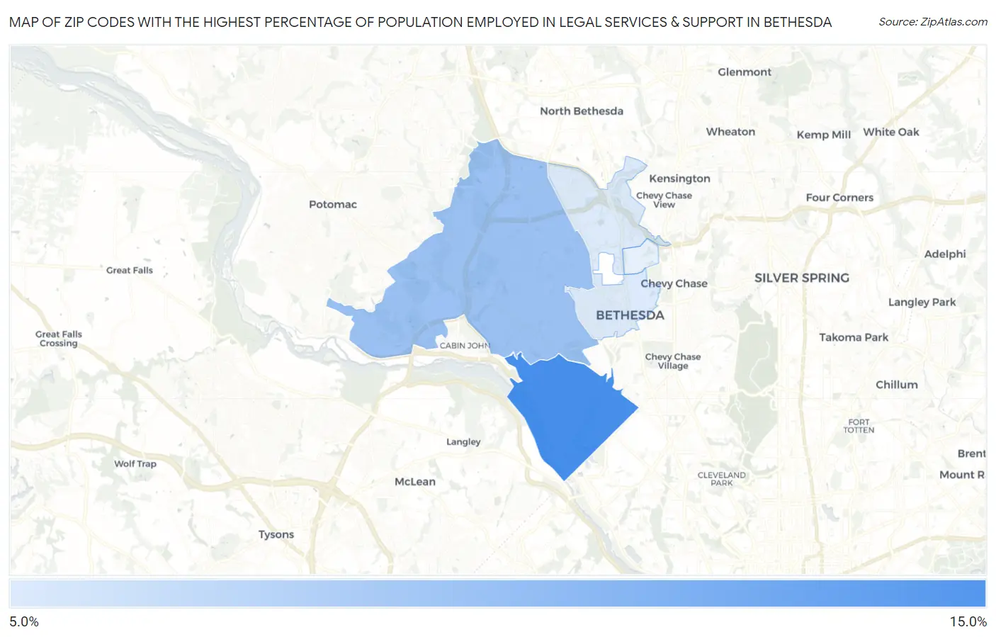 Zip Codes with the Highest Percentage of Population Employed in Legal Services & Support in Bethesda Map
