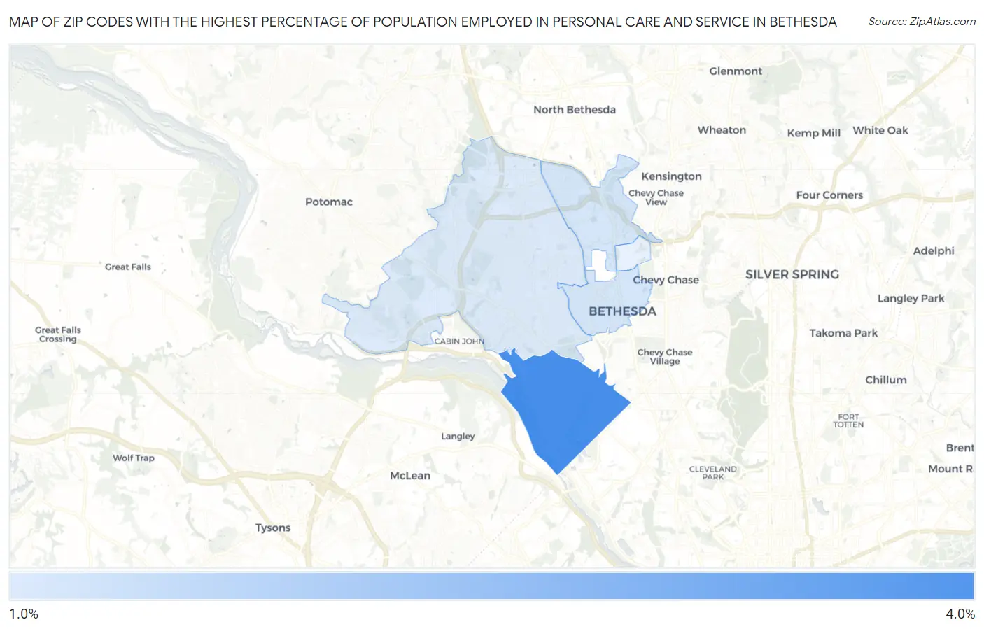 Zip Codes with the Highest Percentage of Population Employed in Personal Care and Service in Bethesda Map