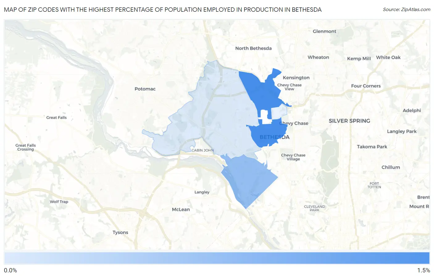 Zip Codes with the Highest Percentage of Population Employed in Production in Bethesda Map
