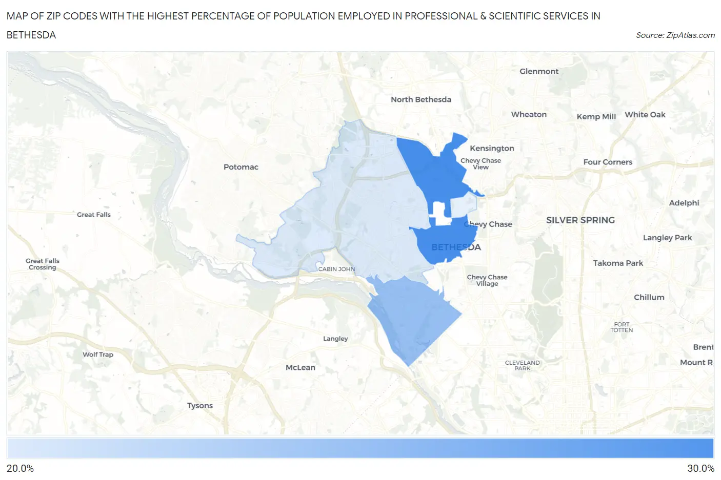 Zip Codes with the Highest Percentage of Population Employed in Professional & Scientific Services in Bethesda Map