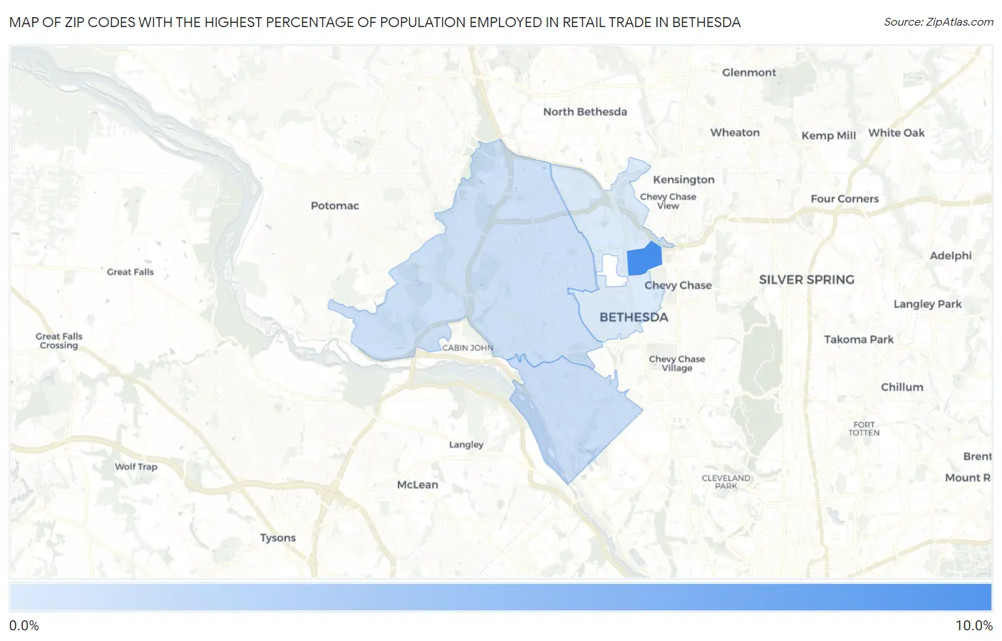 Zip Codes with the Highest Percentage of Population Employed in Retail Trade in Bethesda Map