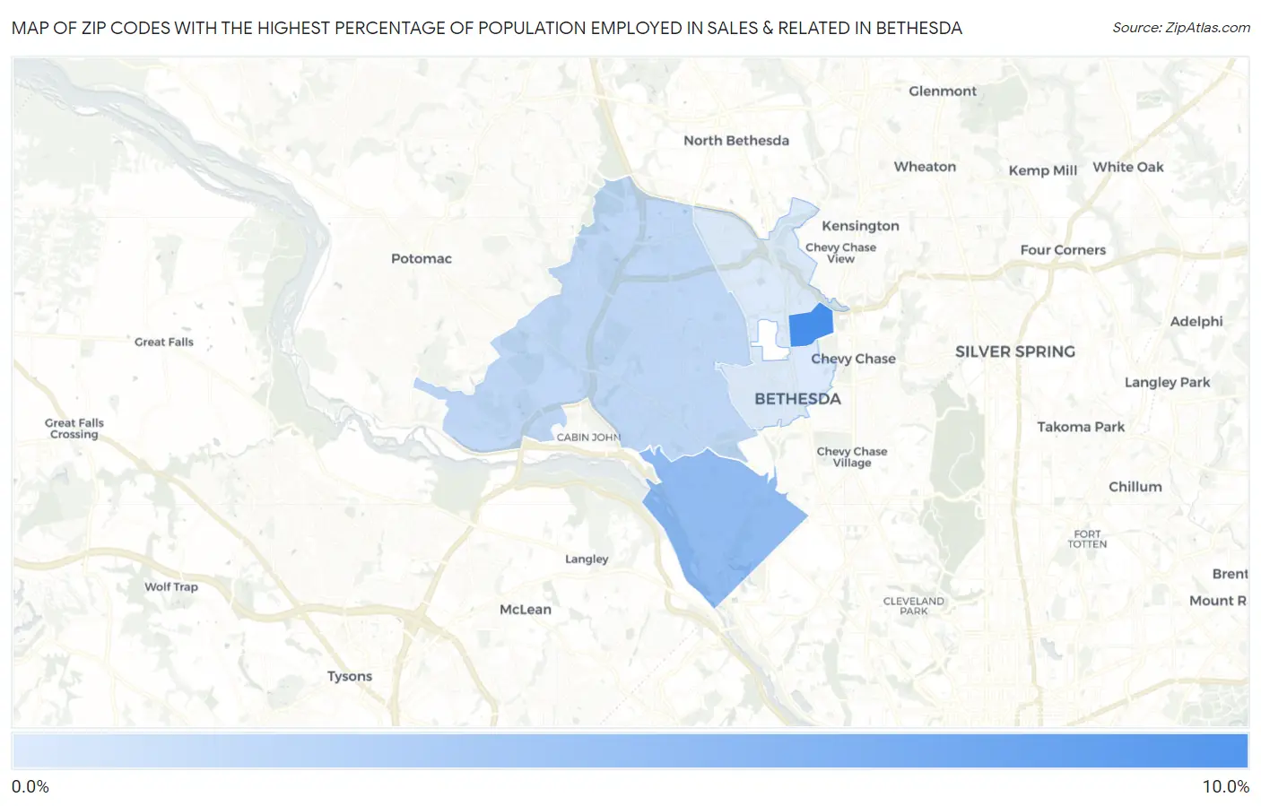 Zip Codes with the Highest Percentage of Population Employed in Sales & Related in Bethesda Map