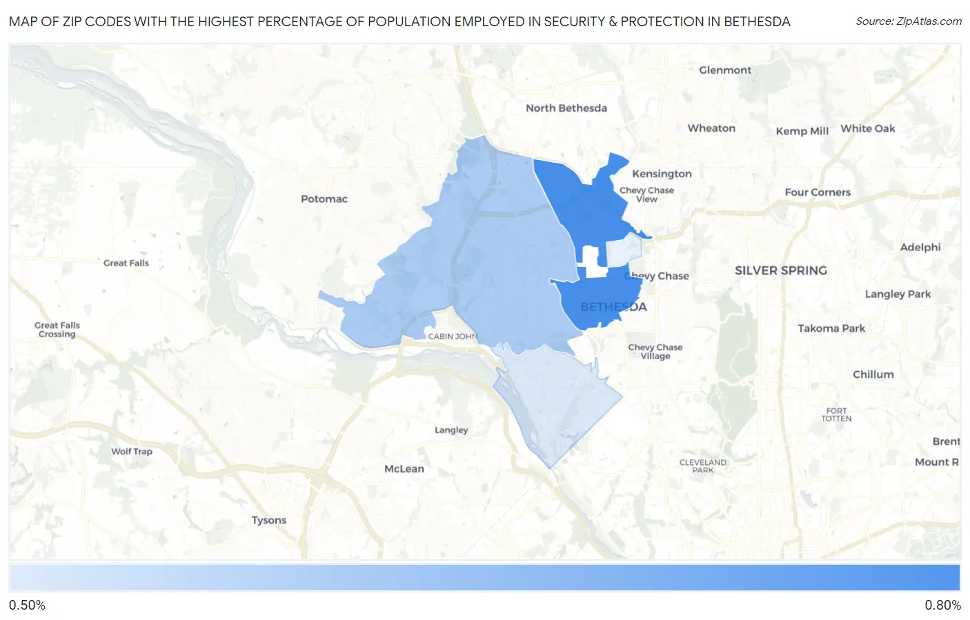 Zip Codes with the Highest Percentage of Population Employed in Security & Protection in Bethesda Map