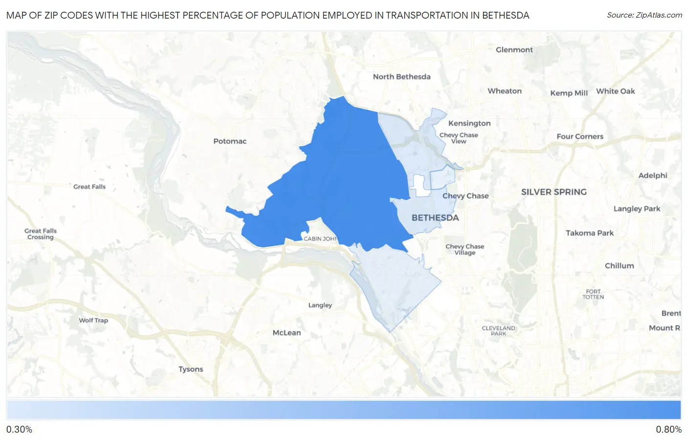 Zip Codes with the Highest Percentage of Population Employed in Transportation in Bethesda Map