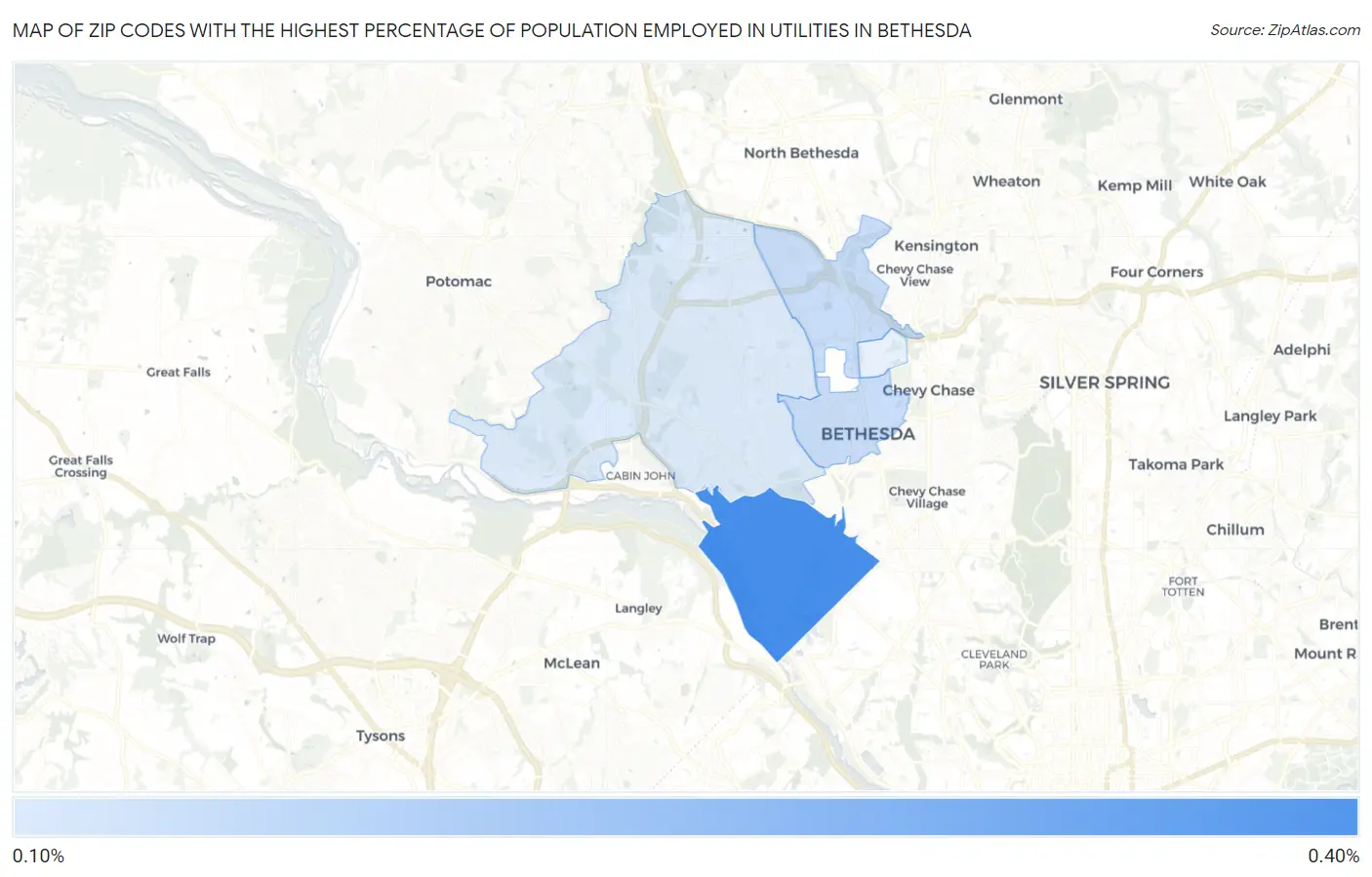 Zip Codes with the Highest Percentage of Population Employed in Utilities in Bethesda Map