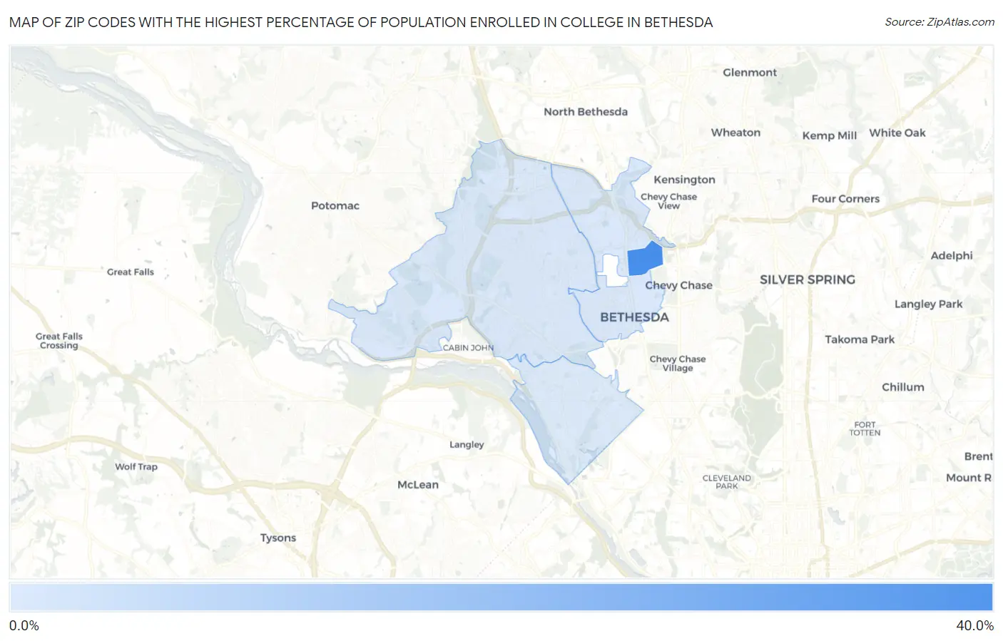 Zip Codes with the Highest Percentage of Population Enrolled in College in Bethesda Map