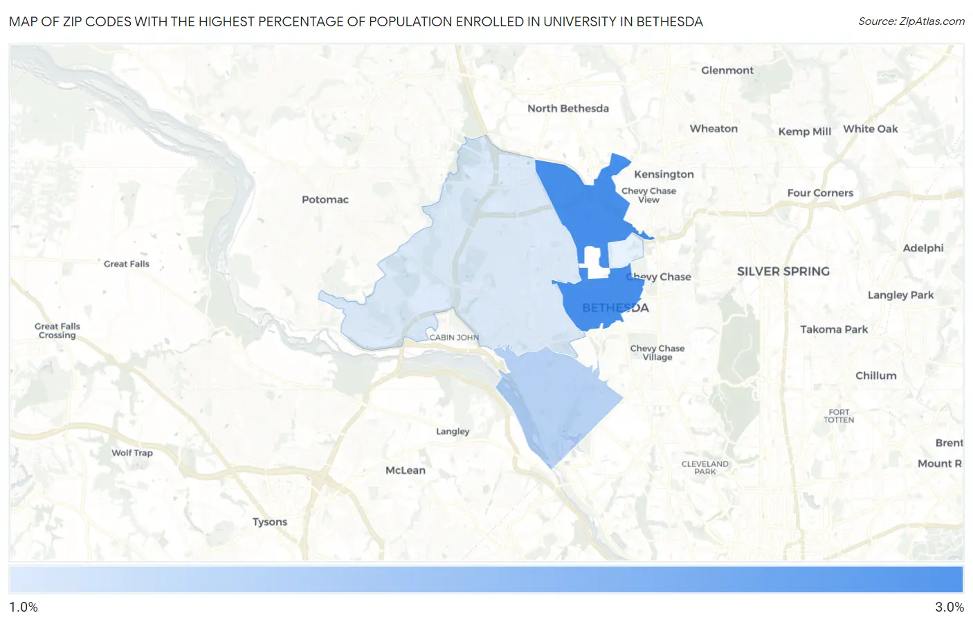 Zip Codes with the Highest Percentage of Population Enrolled in University in Bethesda Map