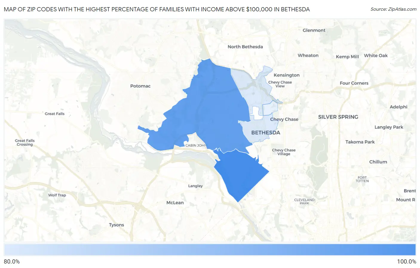 Zip Codes with the Highest Percentage of Families with Income Above $100,000 in Bethesda Map