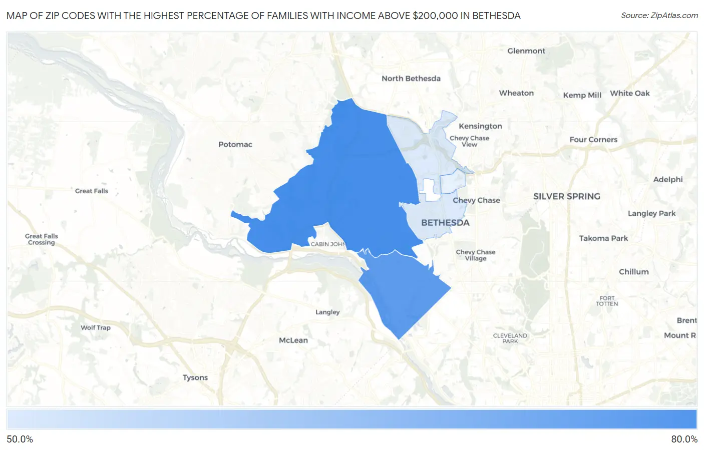 Zip Codes with the Highest Percentage of Families with Income Above $200,000 in Bethesda Map