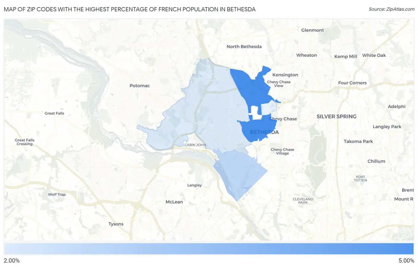 Zip Codes with the Highest Percentage of French Population in Bethesda Map