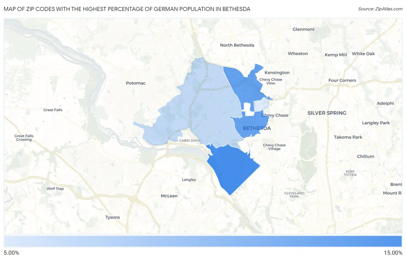 Zip Codes with the Highest Percentage of German Population in Bethesda Map