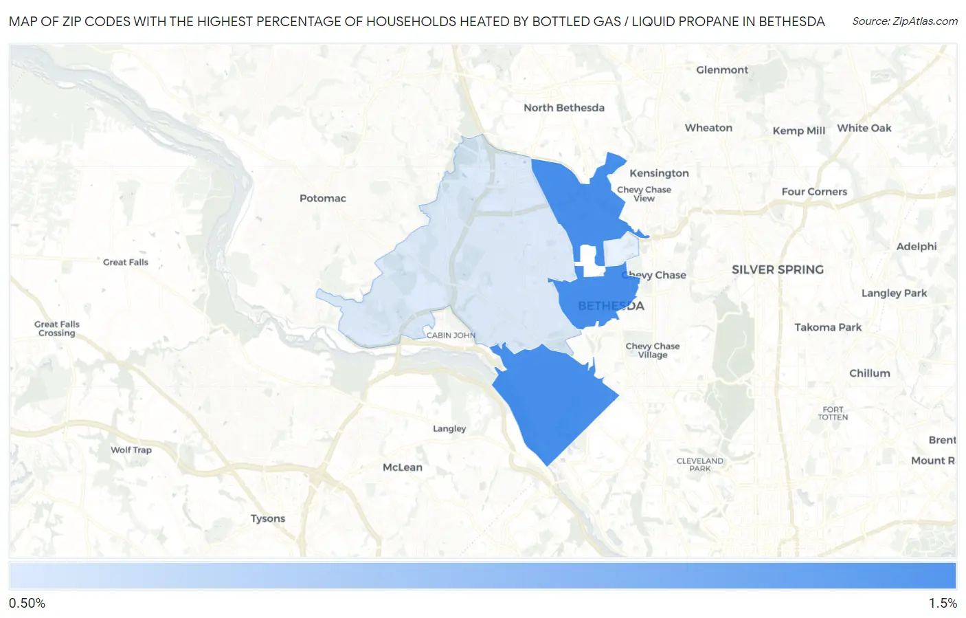 Zip Codes with the Highest Percentage of Households Heated by Bottled Gas / Liquid Propane in Bethesda Map