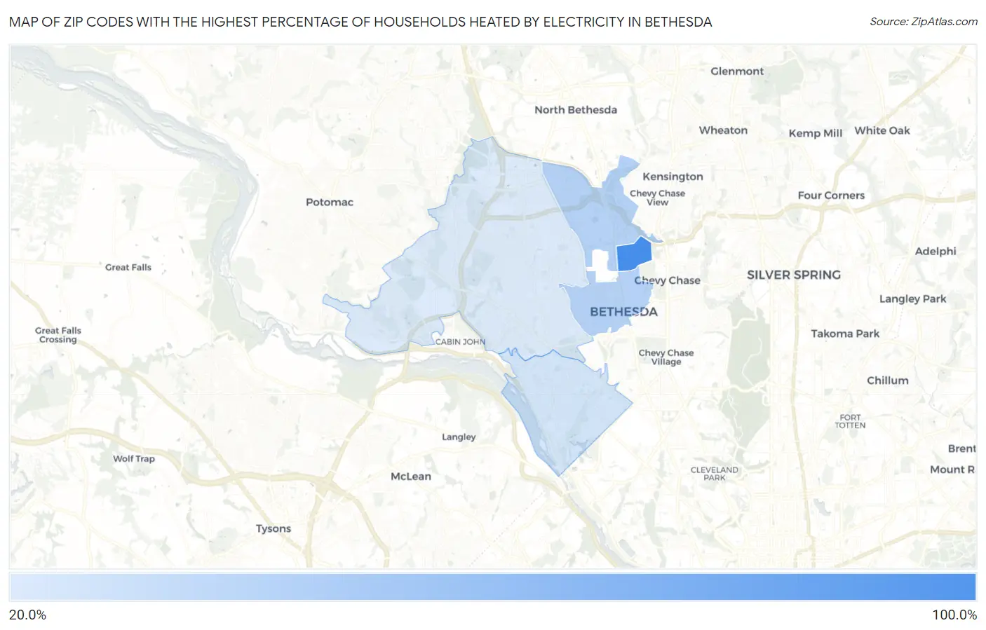 Zip Codes with the Highest Percentage of Households Heated by Electricity in Bethesda Map