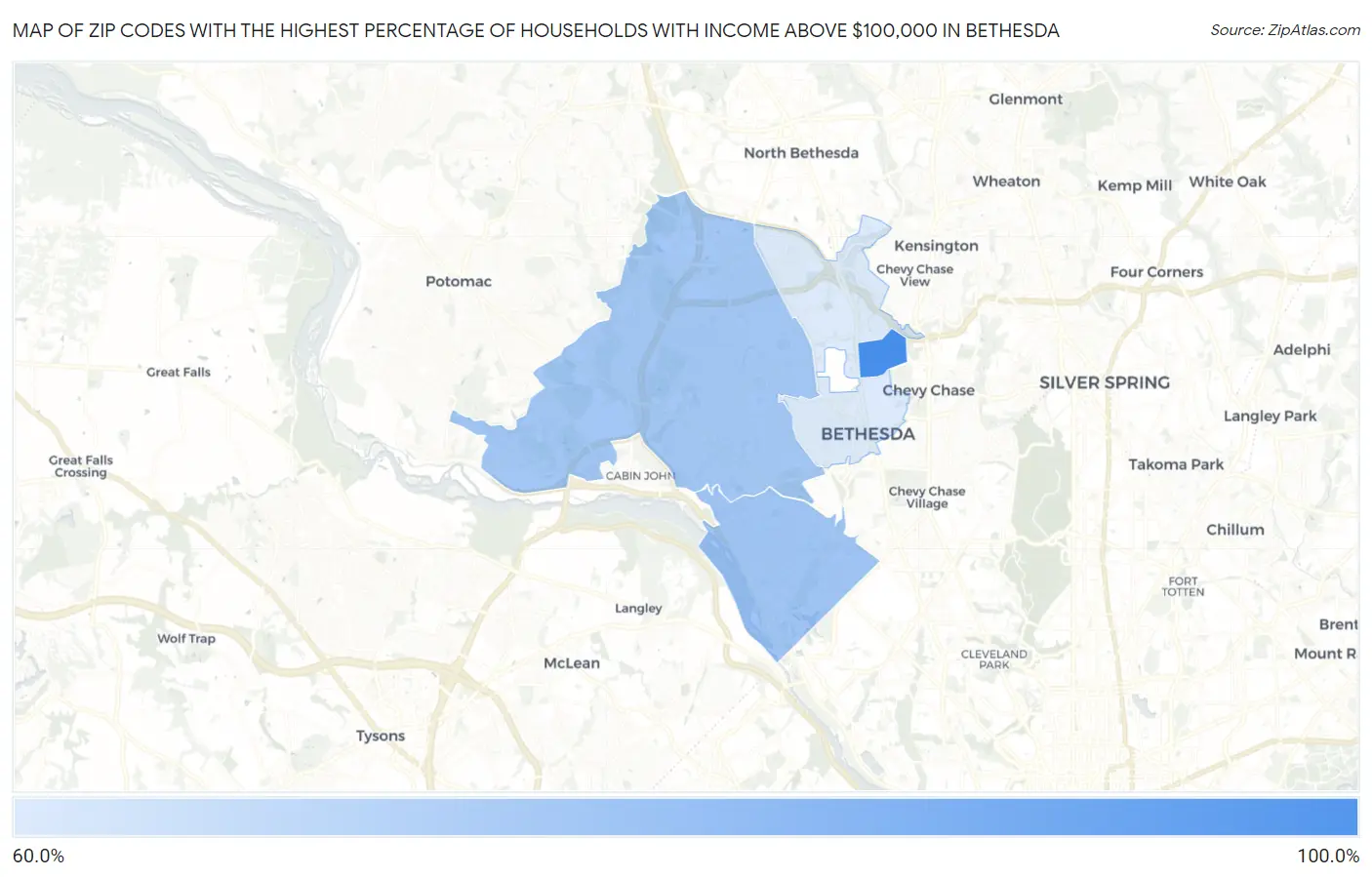 Zip Codes with the Highest Percentage of Households with Income Above $100,000 in Bethesda Map