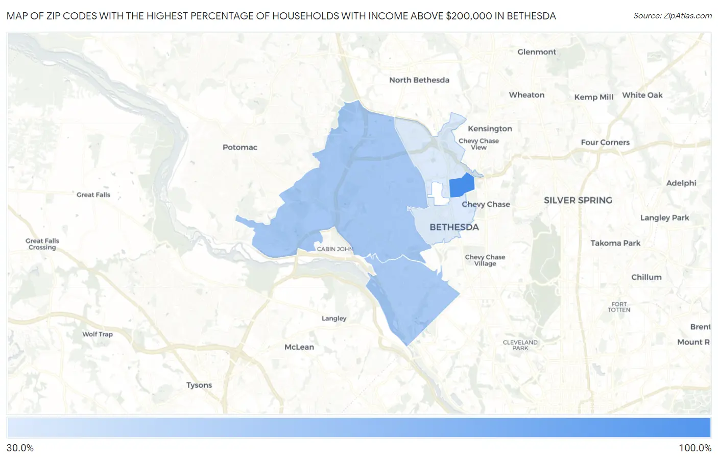 Zip Codes with the Highest Percentage of Households with Income Above $200,000 in Bethesda Map