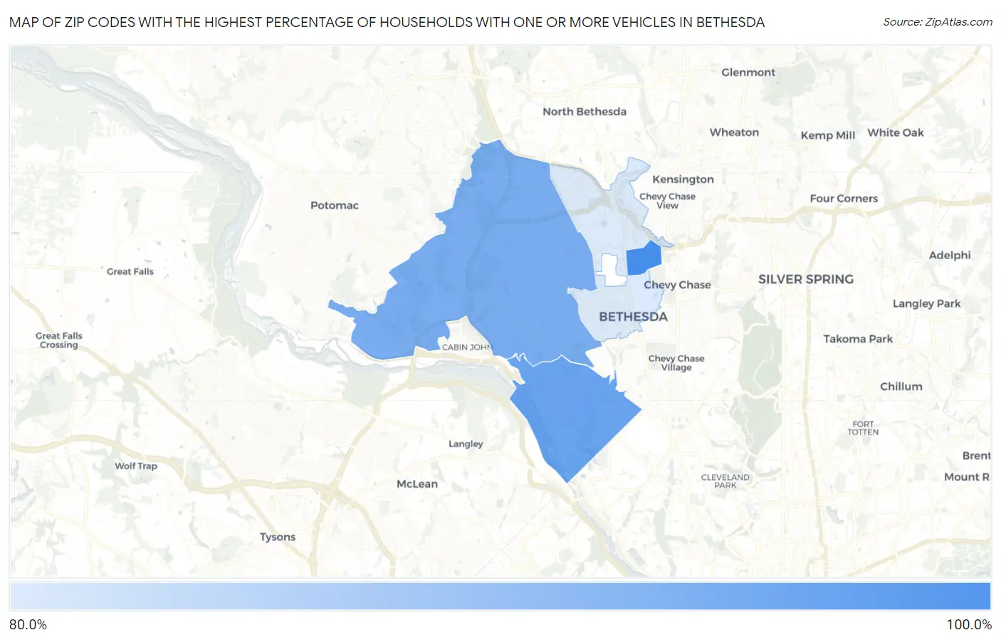 Zip Codes with the Highest Percentage of Households With One or more Vehicles in Bethesda Map