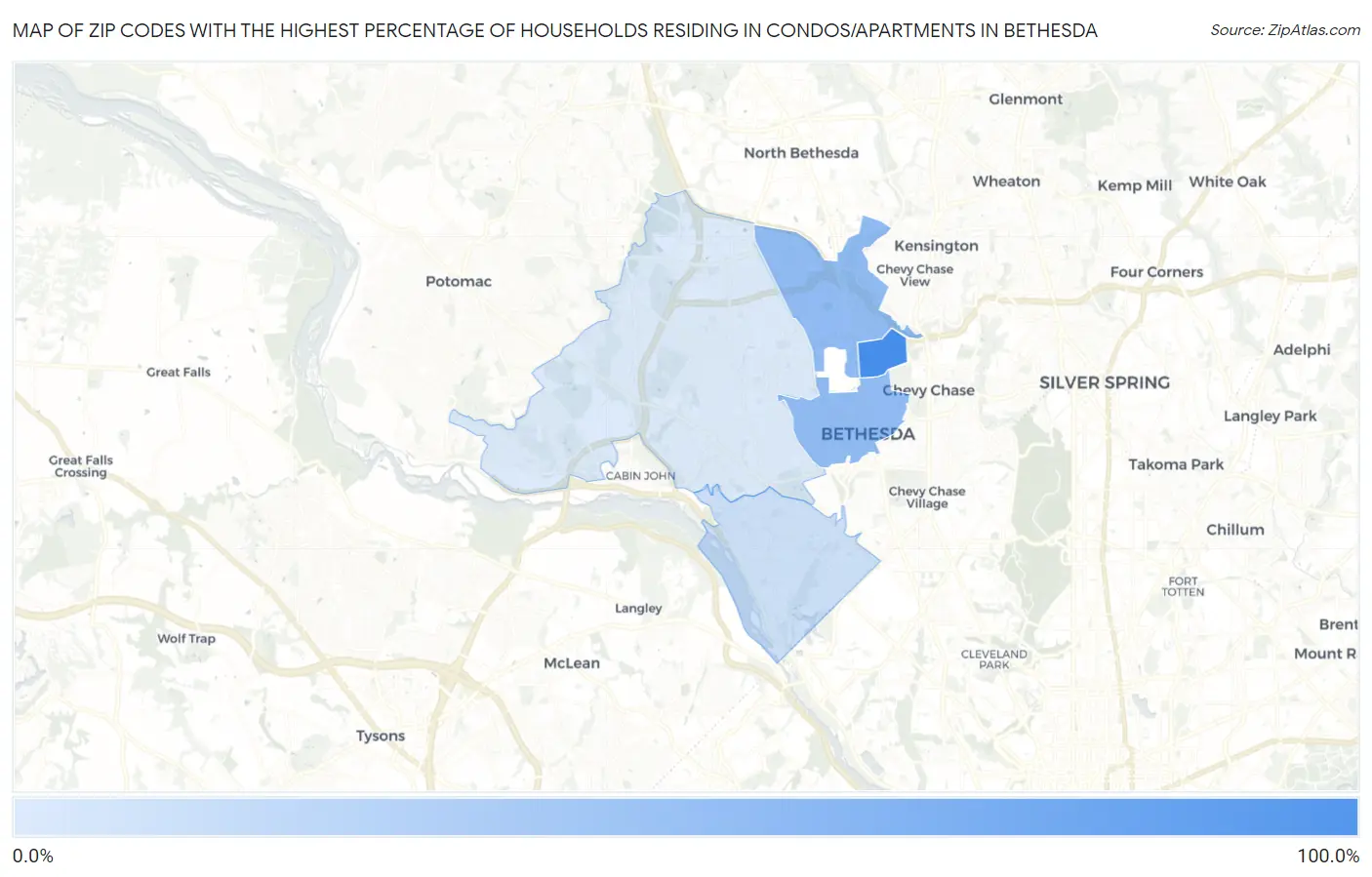 Zip Codes with the Highest Percentage of Households Residing in Condos/Apartments in Bethesda Map