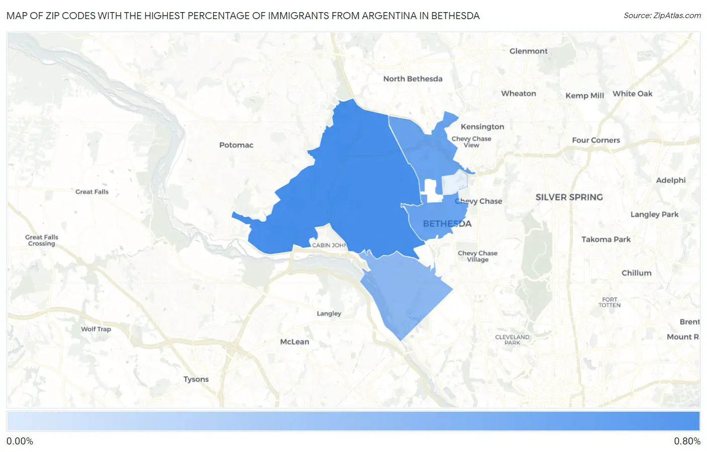 Zip Codes with the Highest Percentage of Immigrants from Argentina in Bethesda Map