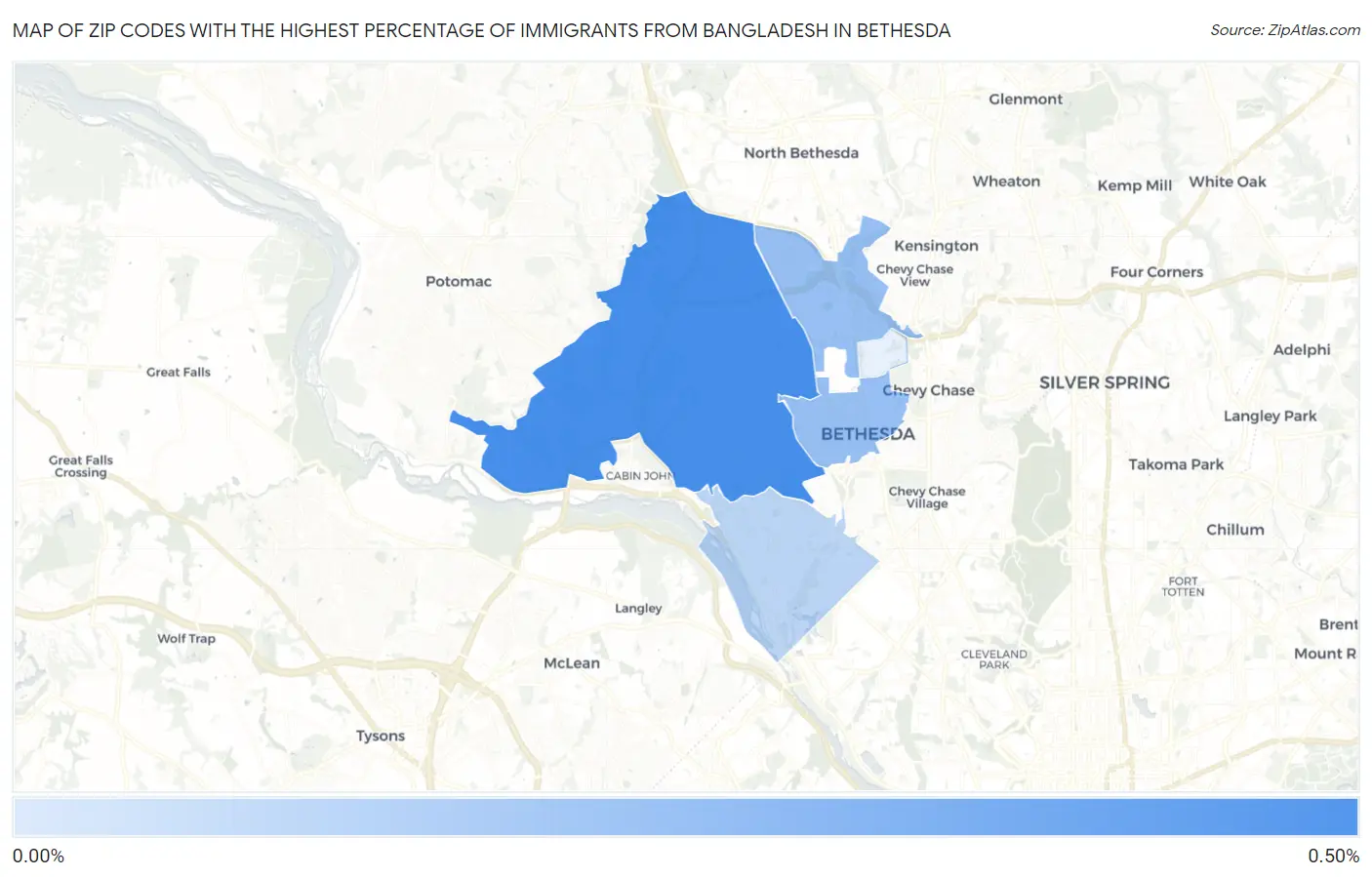 Zip Codes with the Highest Percentage of Immigrants from Bangladesh in Bethesda Map