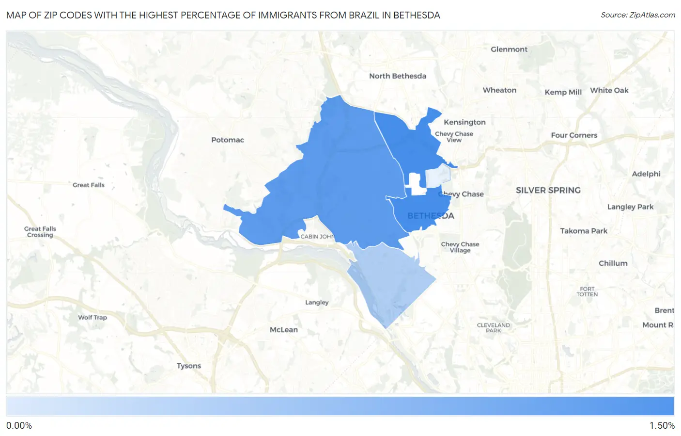 Zip Codes with the Highest Percentage of Immigrants from Brazil in Bethesda Map