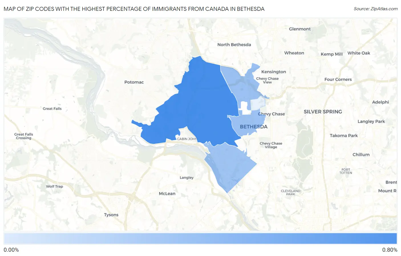 Zip Codes with the Highest Percentage of Immigrants from Canada in Bethesda Map