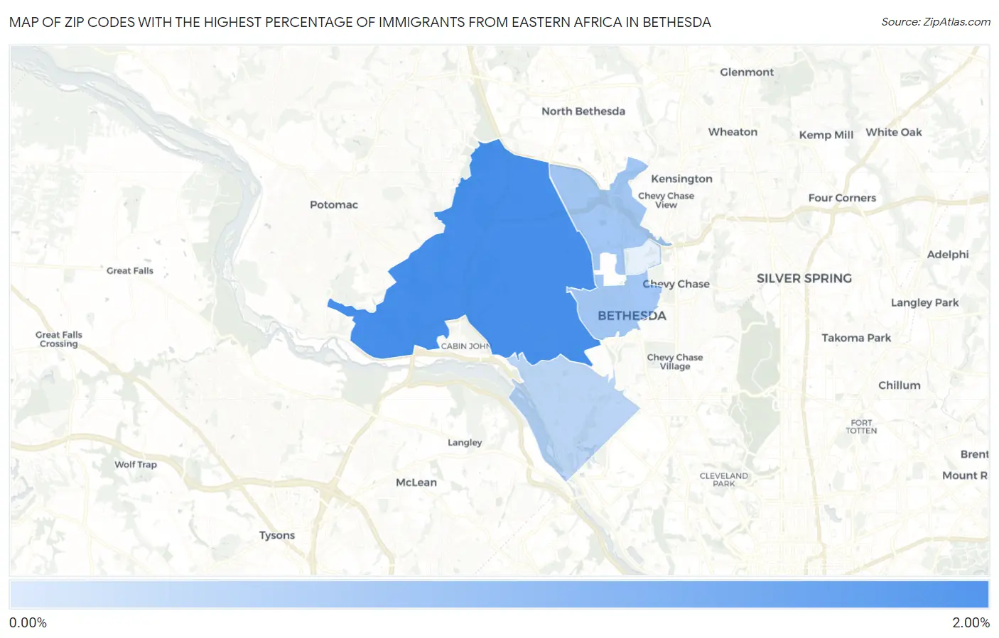 Zip Codes with the Highest Percentage of Immigrants from Eastern Africa in Bethesda Map