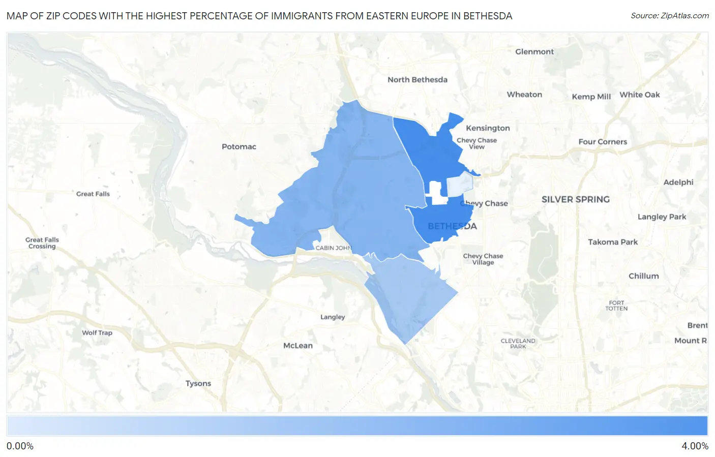 Zip Codes with the Highest Percentage of Immigrants from Eastern Europe in Bethesda Map