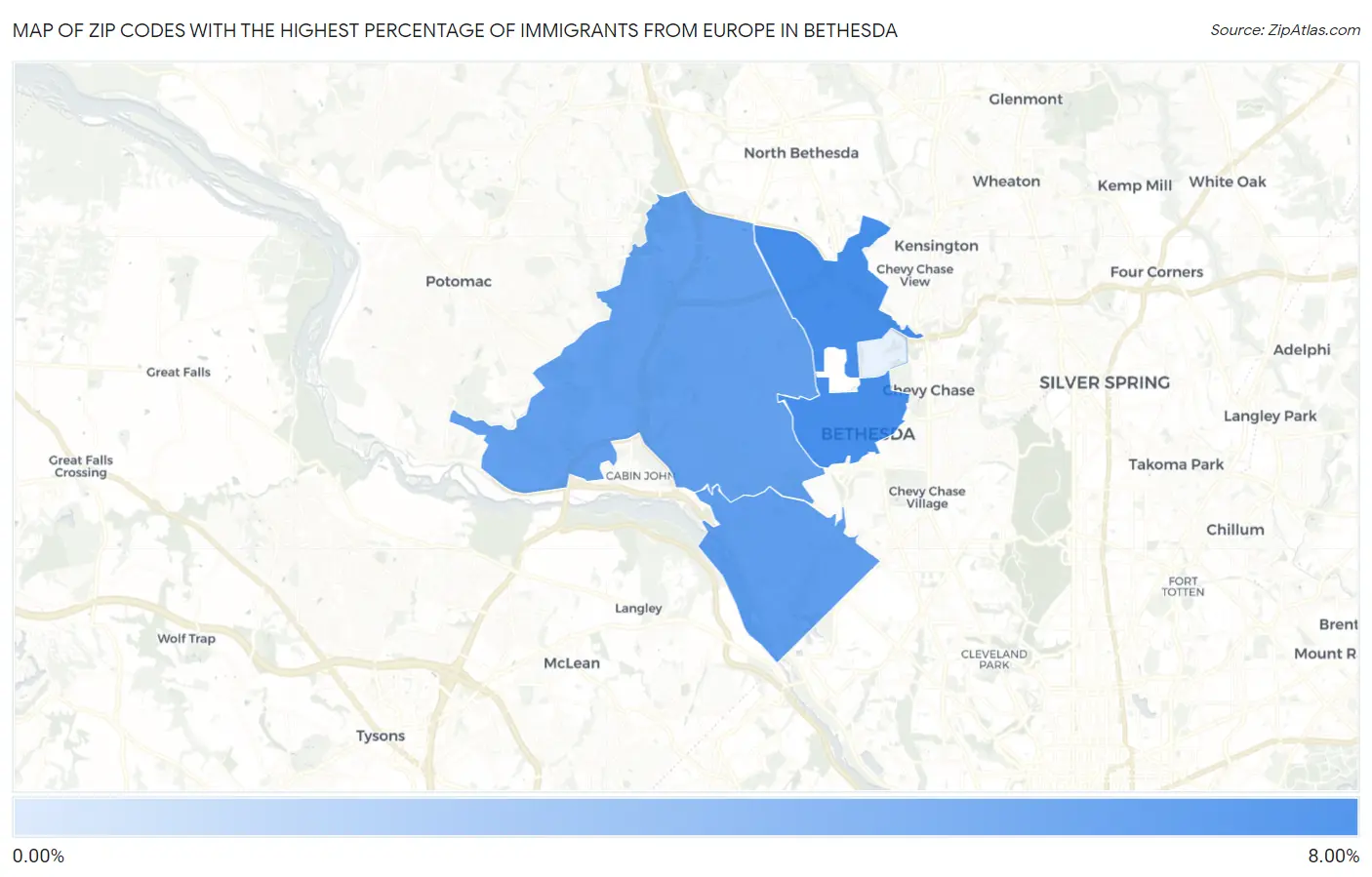 Zip Codes with the Highest Percentage of Immigrants from Europe in Bethesda Map