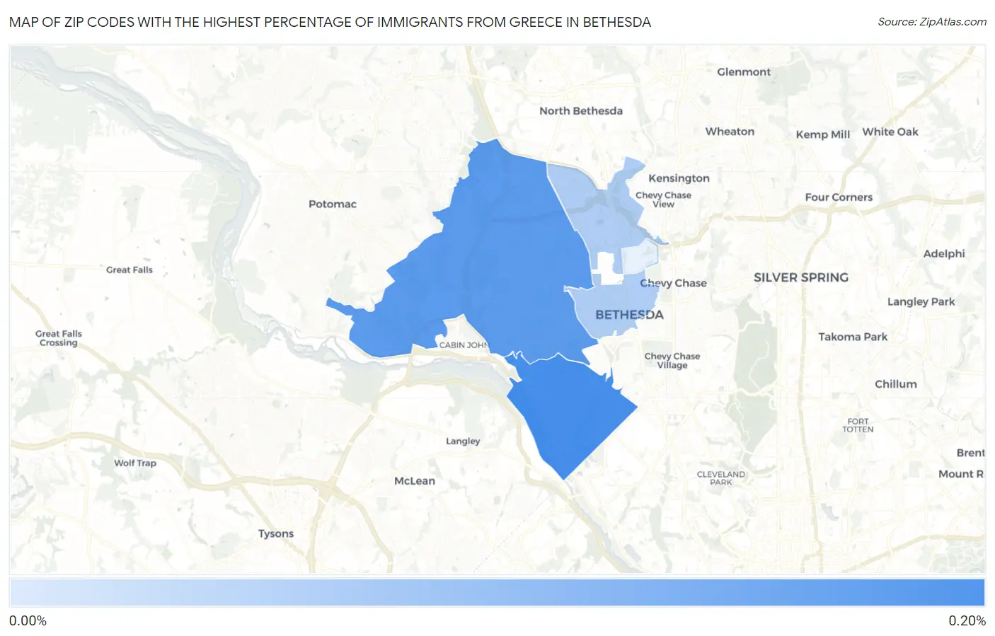 Zip Codes with the Highest Percentage of Immigrants from Greece in Bethesda Map