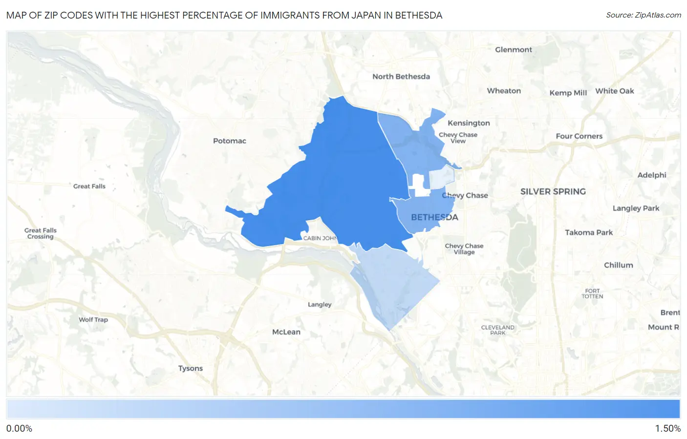 Zip Codes with the Highest Percentage of Immigrants from Japan in Bethesda Map