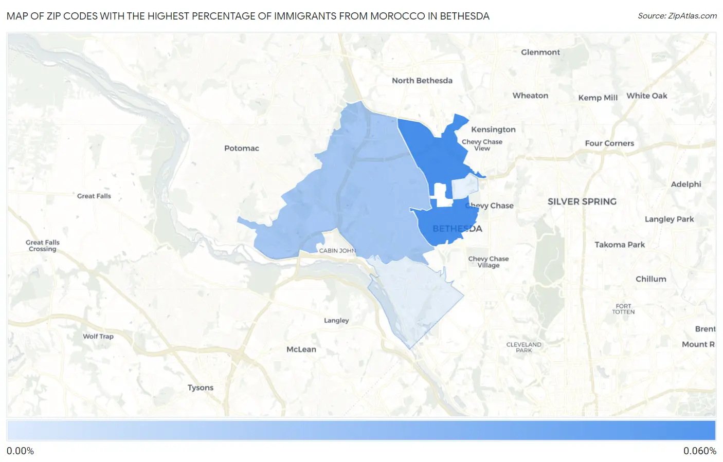 Zip Codes with the Highest Percentage of Immigrants from Morocco in Bethesda Map