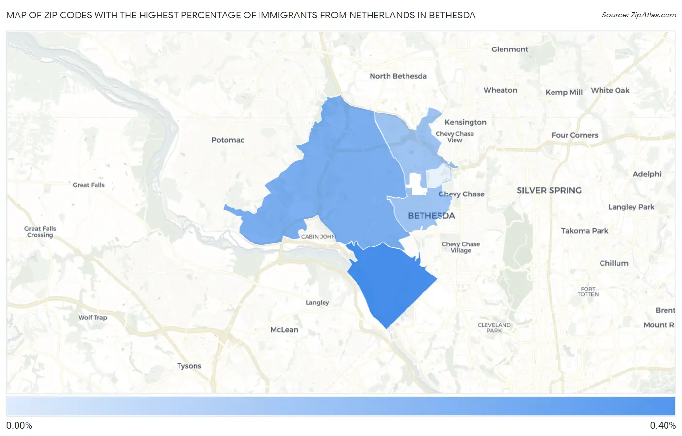 Zip Codes with the Highest Percentage of Immigrants from Netherlands in Bethesda Map
