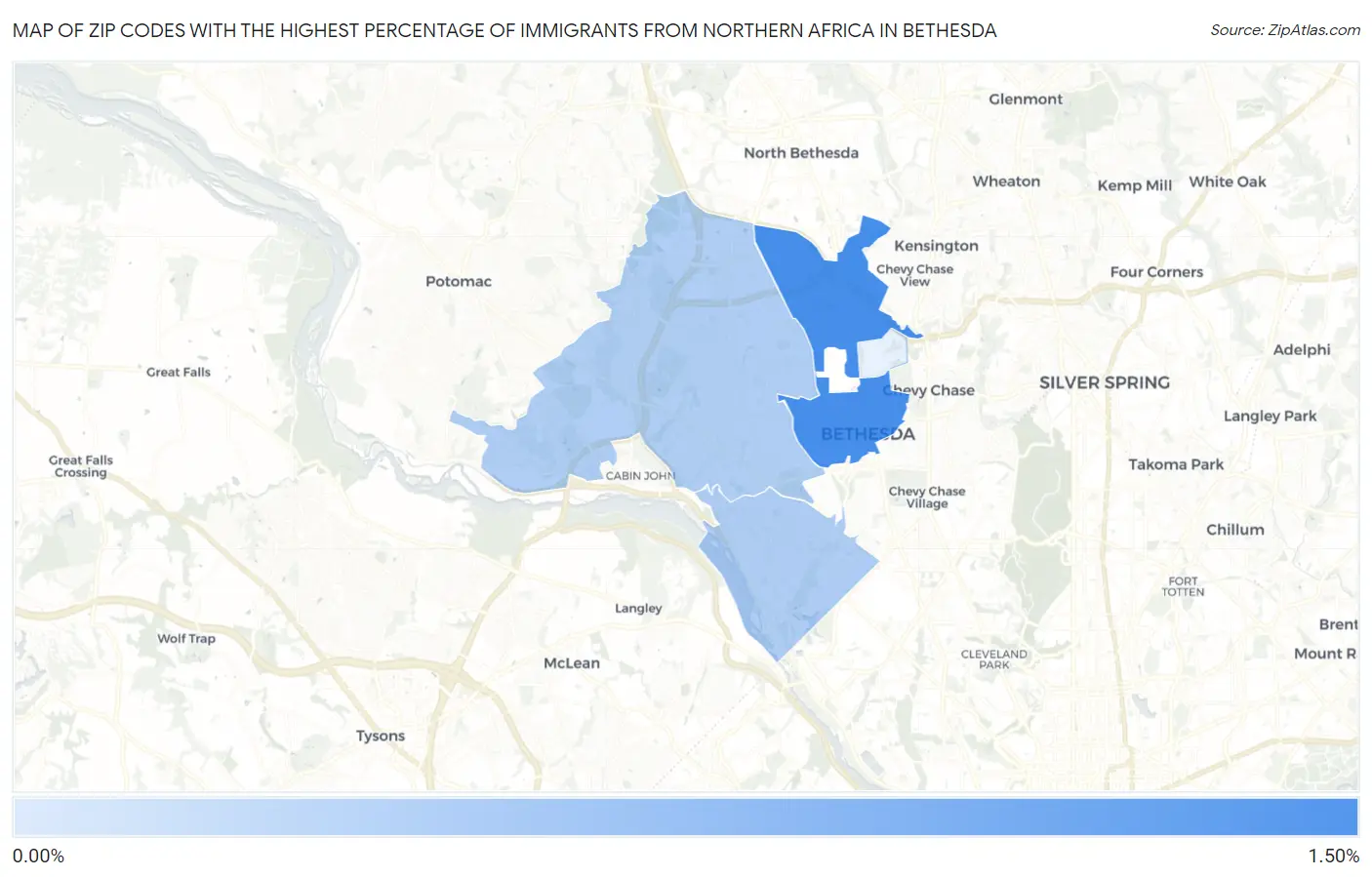 Zip Codes with the Highest Percentage of Immigrants from Northern Africa in Bethesda Map