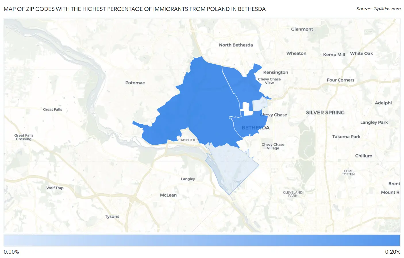 Zip Codes with the Highest Percentage of Immigrants from Poland in Bethesda Map