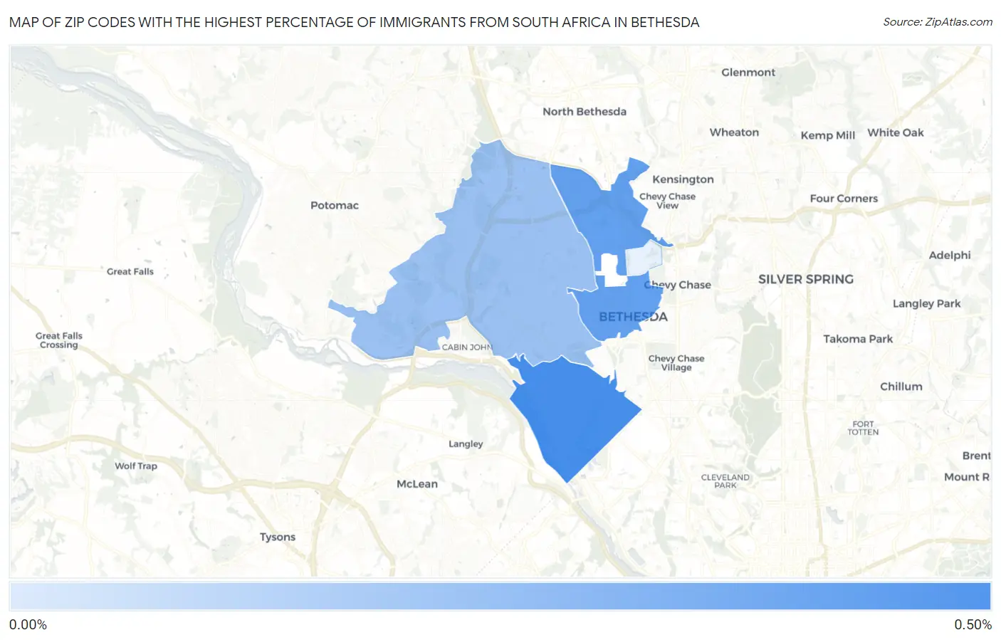 Zip Codes with the Highest Percentage of Immigrants from South Africa in Bethesda Map