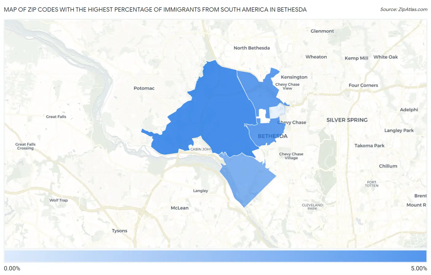 Zip Codes with the Highest Percentage of Immigrants from South America in Bethesda Map