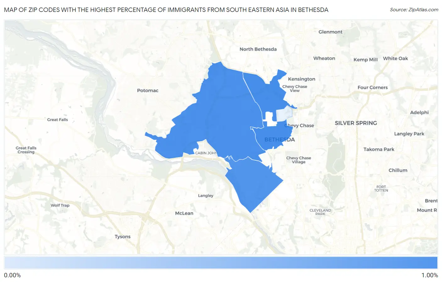 Zip Codes with the Highest Percentage of Immigrants from South Eastern Asia in Bethesda Map
