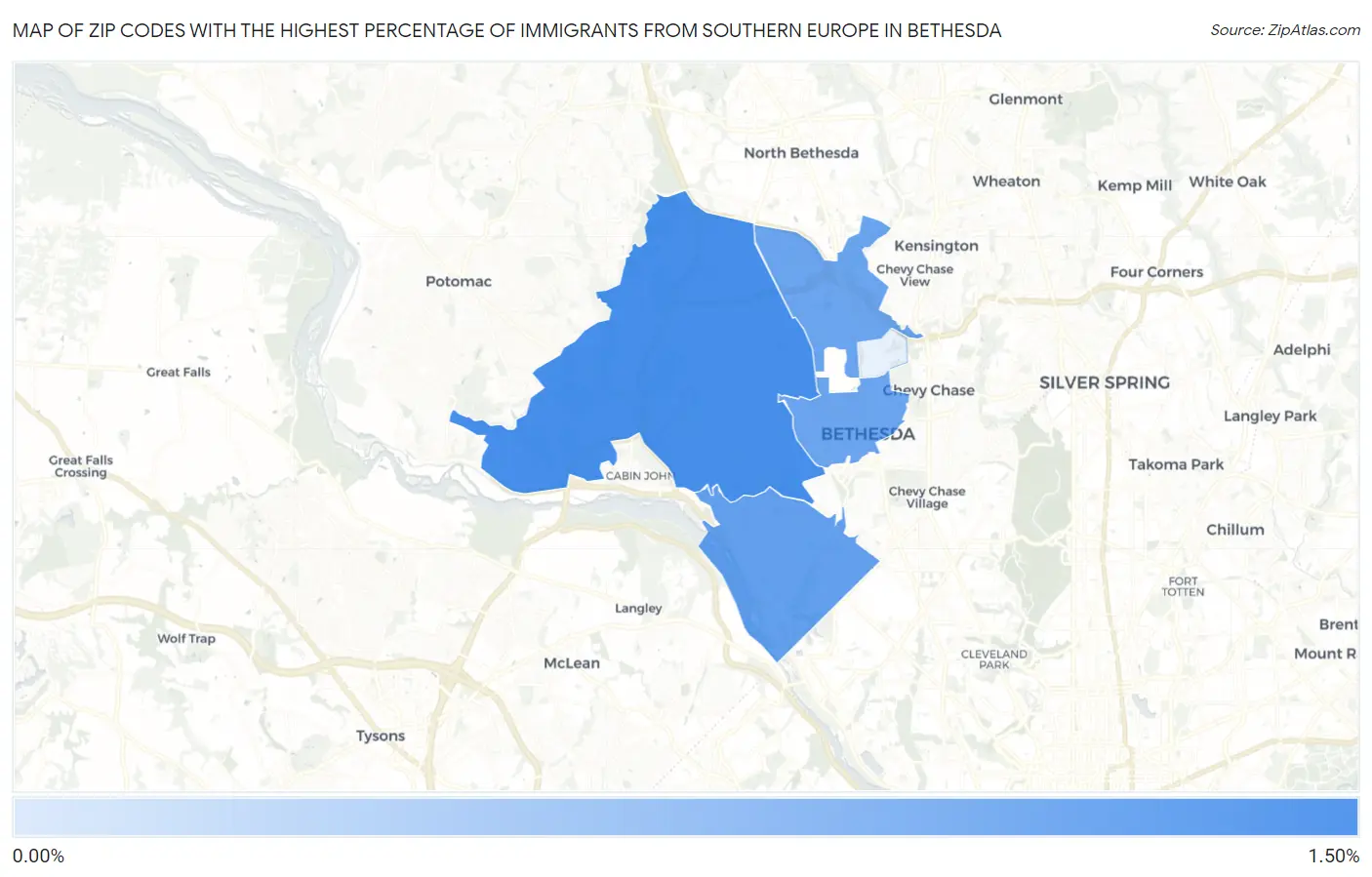 Zip Codes with the Highest Percentage of Immigrants from Southern Europe in Bethesda Map