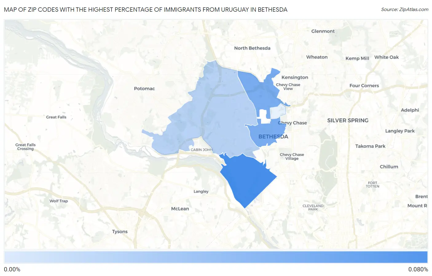 Zip Codes with the Highest Percentage of Immigrants from Uruguay in Bethesda Map