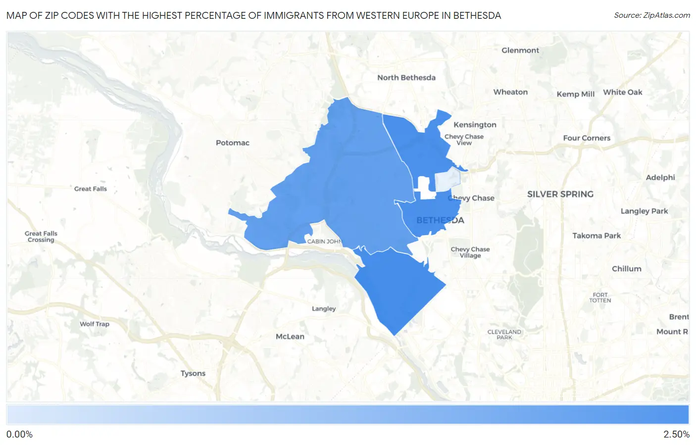 Zip Codes with the Highest Percentage of Immigrants from Western Europe in Bethesda Map