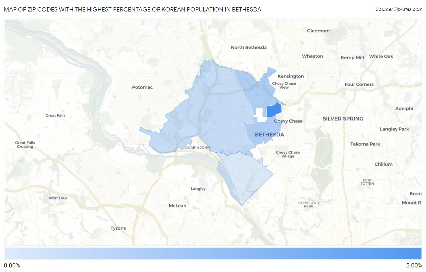 Zip Codes with the Highest Percentage of Korean Population in Bethesda Map