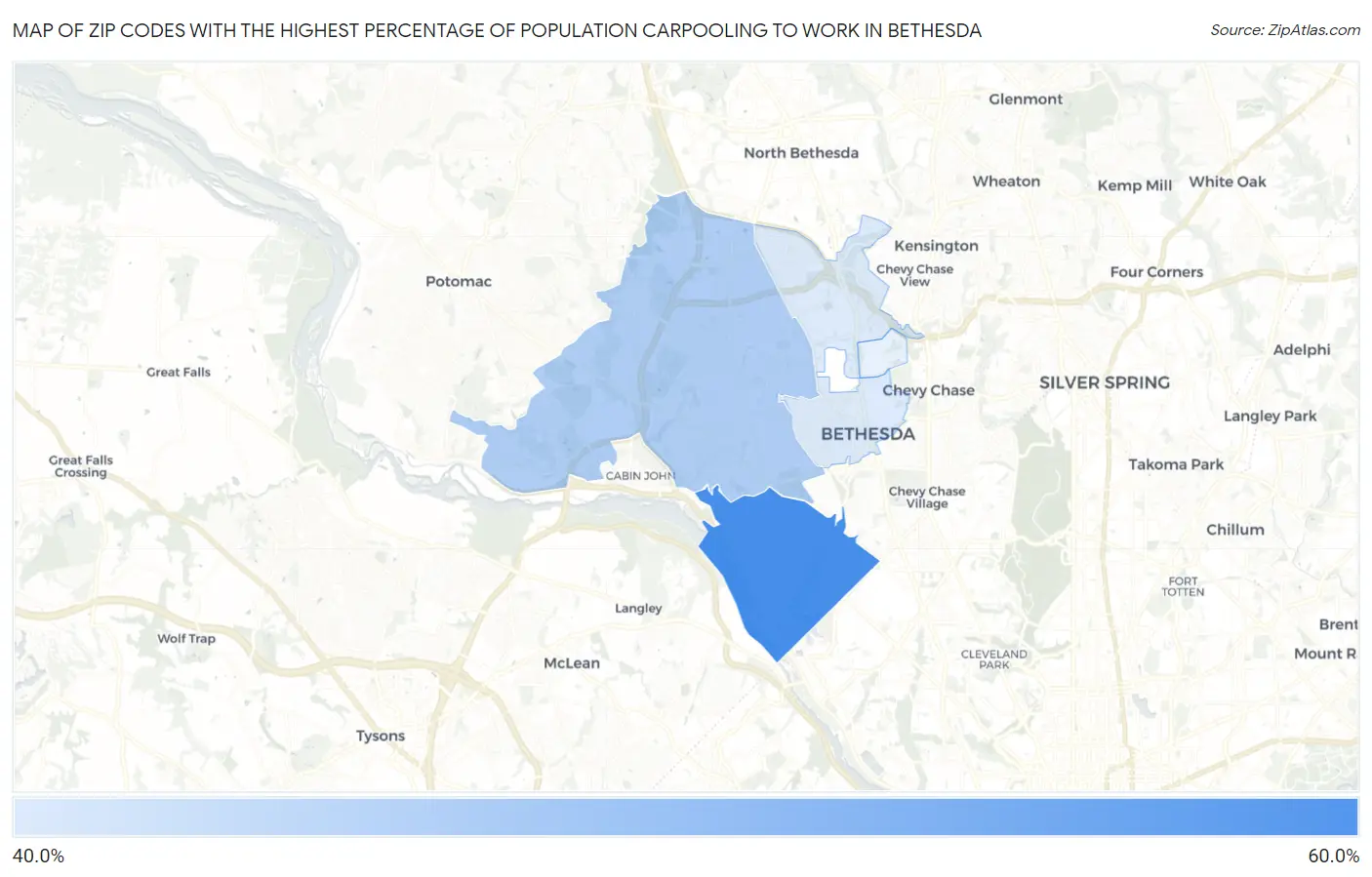 Zip Codes with the Highest Percentage of Population Carpooling to Work in Bethesda Map