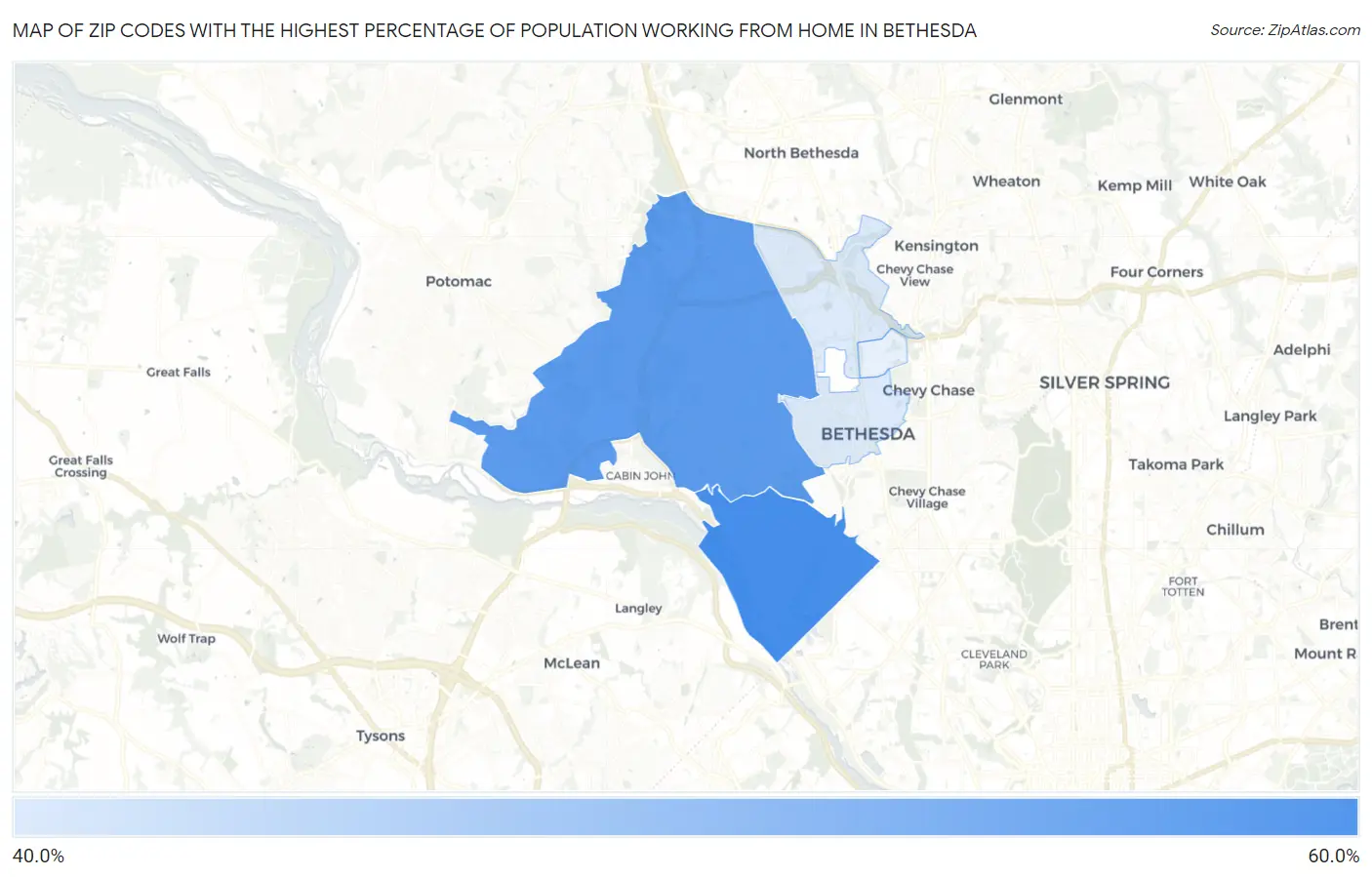 Zip Codes with the Highest Percentage of Population Working from Home in Bethesda Map
