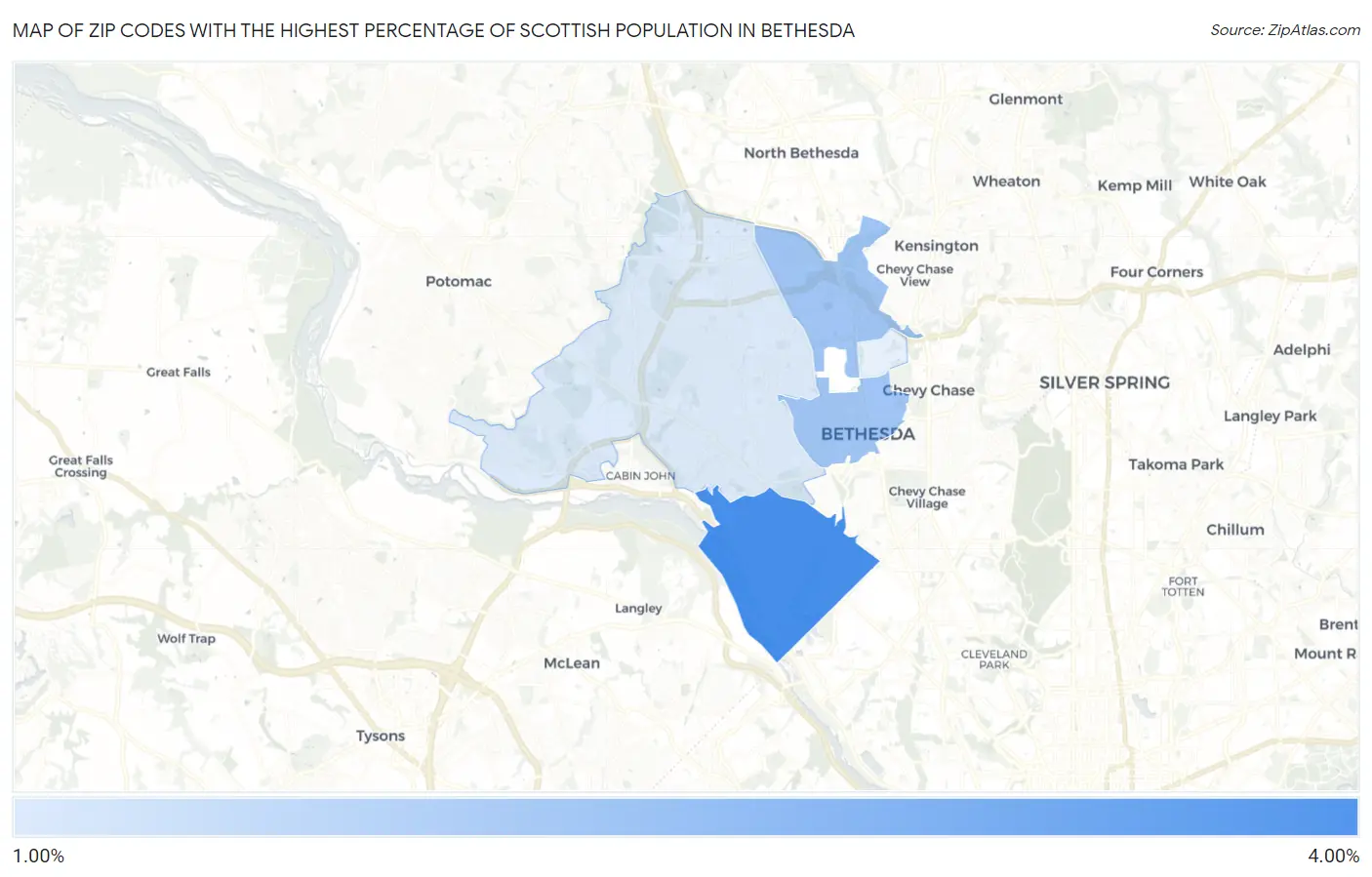 Zip Codes with the Highest Percentage of Scottish Population in Bethesda Map
